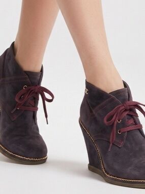 CHANEL Plum Suede Wedge Ankle Boots with Gold Chain Trim